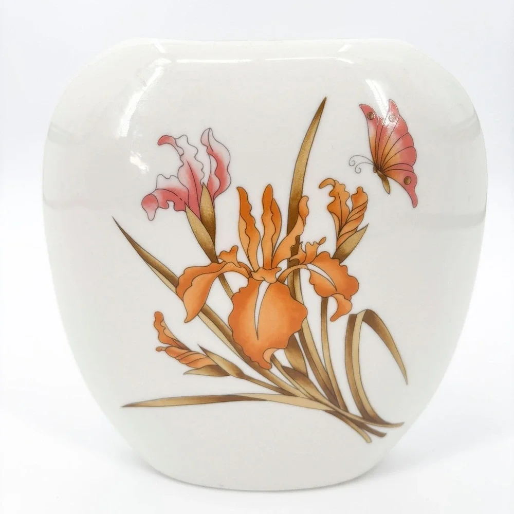 Vintage Floral Ginger Jar Vase – Creamy White with Orchid, Butterfly, Gold Trim